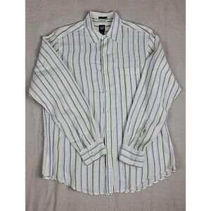 GAP Linen Shirt Mens M Beige Blue Green Stripe  Lightweight Pocket Casual Preppy